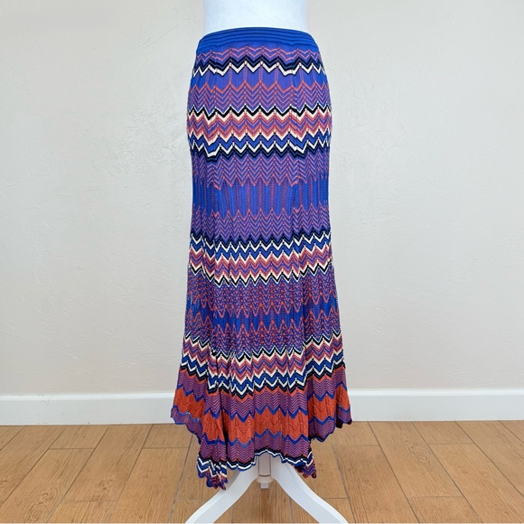 Sandro Paris Pointelle Chevron Zig Zag Knit Midi Skirt in Blue & Rust 2 US 6 - Picture 1 of 14
